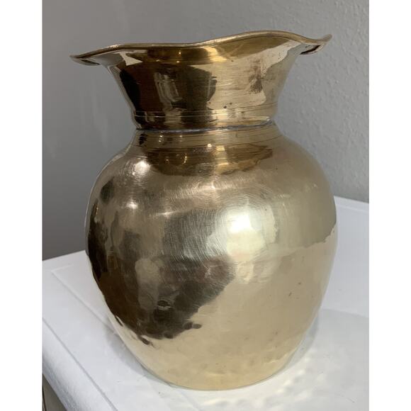 Vtg Solid Hammered Brass Bowl Planter Vase Wavy Edge 5 7/8” H 5” W Made India - Picture 3 of 7